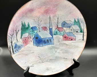 Large Enamel on Copper Painting Winter Scene Village 12 Inches Signed