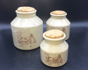 Vintage Earthenware French Style Kitchen Crocks Canisters w/Cork Tops Retro Storage Cottagecore Country Cottage Farmhouse