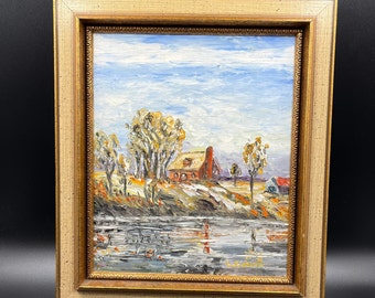 Original  Palette Knife Oil or Acrylic Painting Signed Framed Vintage Farmhouse Cottagecore Wall Decor