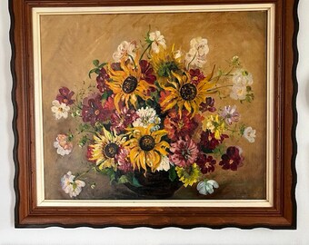 Grande peinture originale à l'huile/acrylique bouquet de fleurs encadrée sur toile signée MCM chalet de campagne, décoration de ferme, mur de la galerie Cottagecore