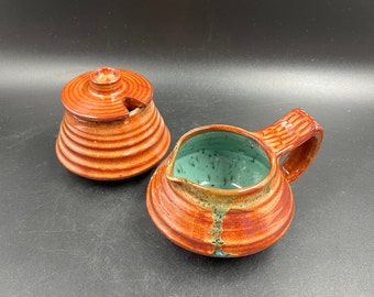 Vintage Pottery Creamer & Sugar Handmade Hand Thrown Drip Glaze Canadian Pottery Boho Bohemian