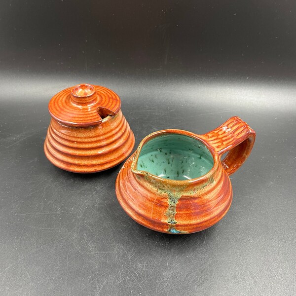 Vintage Pottery Creamer & Sugar Handmade Hand Thrown Drip Glaze Canadian Pottery Boho Bohemian