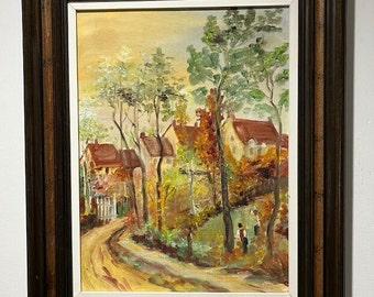 Peinture à l'huile originale scène de village campagnard sur toile encadrée Country Cottagecore Farmhouse