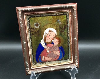 Small Framed Vintage Reverse Painted Virgin Mary & Child Jesus Mother Mary Religious Spirituality Dévotion Religieuse