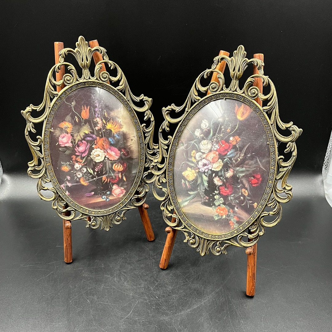 Vintage Ornate Italian Brass Metal Type Picture Frames W/floral Prints ...