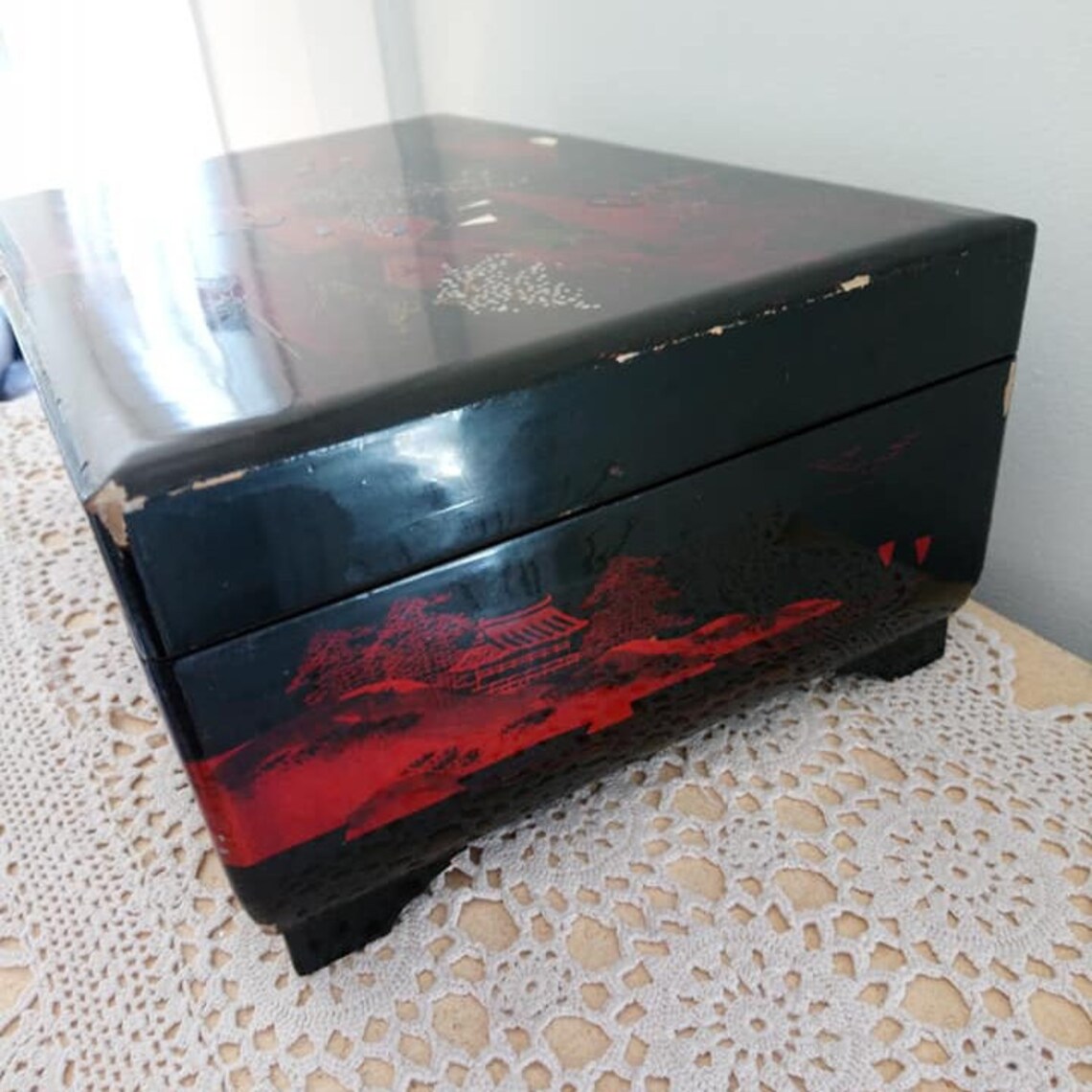 Large Lacquered Jewelry Box Vintage Japanese Mother of Pearl Etsy