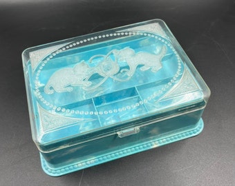 Vintage Blue Plastic Sewing Box Playing Kitten Hommer Manufacturing Co NEWARK NJ USA