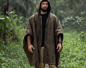 Oilskin LARP Poncho, Herrregnjacka, Äkta Militärponcho, Oilskin Cape, Gåva För Män, Bushcraft Canvas Poncho, Vaxad Canvas Poncho