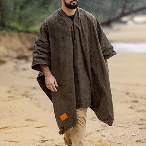 Poncho impermeable de lona encerada, manta para picnic, poncho impermeable de playa, abrigo militar, regalo para hombre. imagen 10
