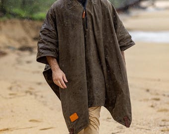 Rain Poncho Men, Waxed Canvas Rain Jacket, Outdoor Hiking Poncho, Oilskin Poncho Shelter, Bushcraft Tarpaulin, Military Gift for Men