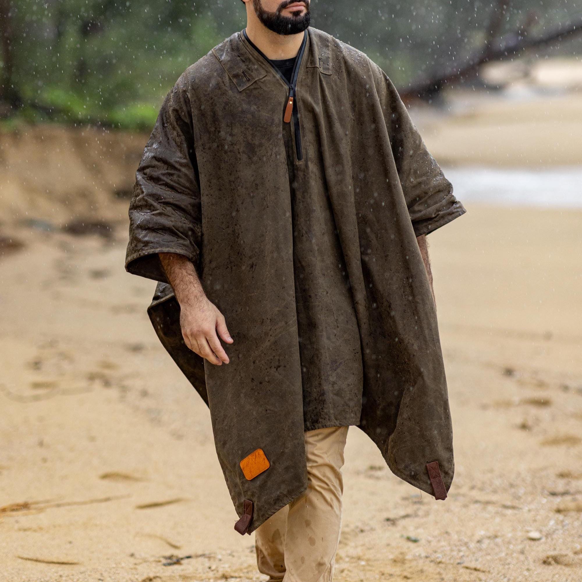 Rain Poncho Men, Waxed Canvas Rain Jacket, Outdoor Hiking Poncho