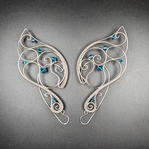 Silver Elf Ear Cuffs with Lake Blue Crystals