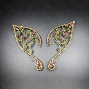 Pale Blush Roses Fantasy Ear Cuffs with Golden Brass Woven Wire