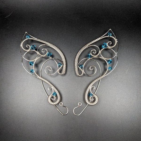 Silver Elf Ear Cuffs with Lake Blue Crystals