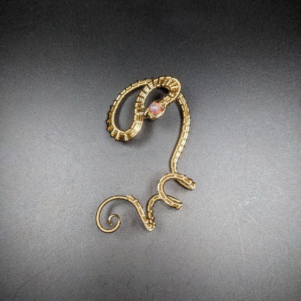 Serpent Ear Cuff with Fiery Golden Opal and Golden Brass Woven Wire