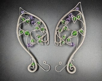 Lilac Fairy Ear Cuffs with Lavender Crystal and Silver Woven Wire