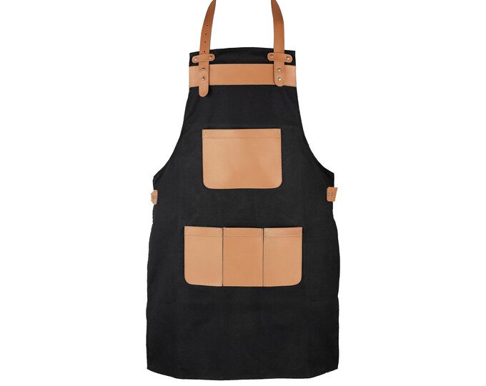 Real Leather Black Canvas Apron Butcher Apron - Cook Apron - BBQ Apron ...