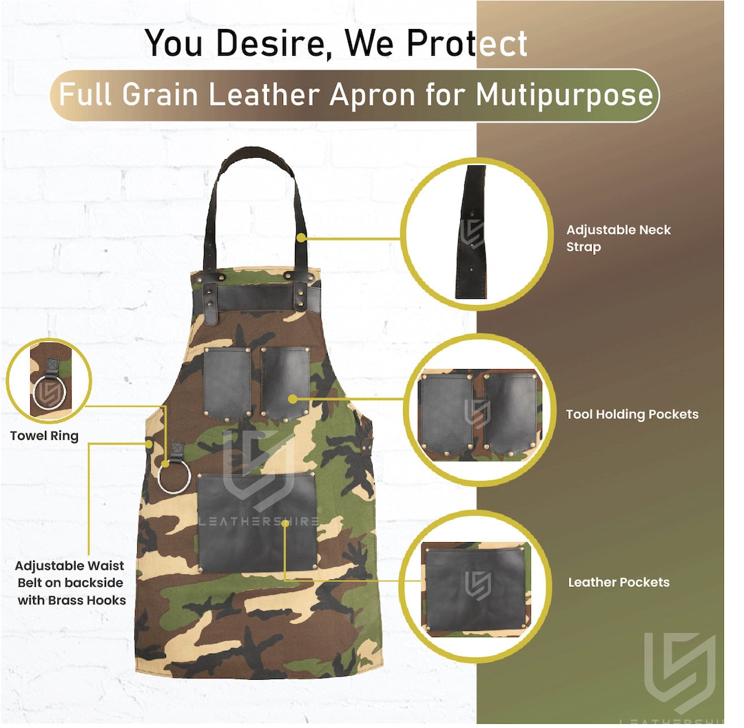 Procook Apron Top Grain Leather Camouflage Canvas Apron Butcher Apron Cook Apron BBQ ...