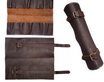 Genuine Leather Natural Dark Brown 10 Pocket Watch Roll for Travel Storage Gift