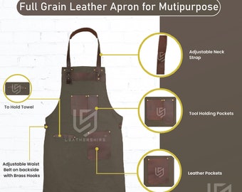 Leather Cotton BBQ Apron Bib Classical Kitchen Apron Barista Pockets Barber Cook Coffee Restaurant Waiter Adjustable Apron