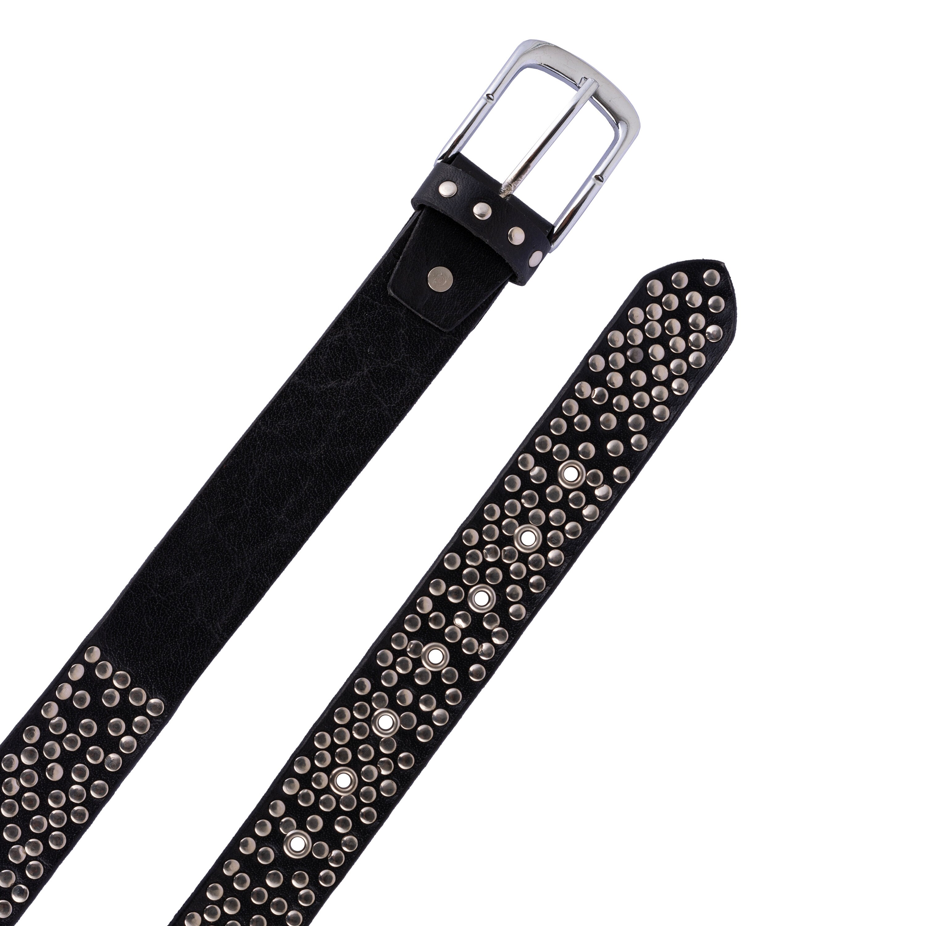 ❤️ Studded Black Elasticized leather Belt with round silver buckle. Studded Black Leather Belt With Silver Spikes Thick Wide  main image 2
