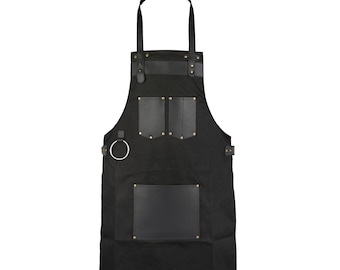 Black Canvas Apron With Black Full Grain Leather Pocket Cooking Apron Hairstylist Apron Barber Apron Woodwork apron waiter apron Gift
