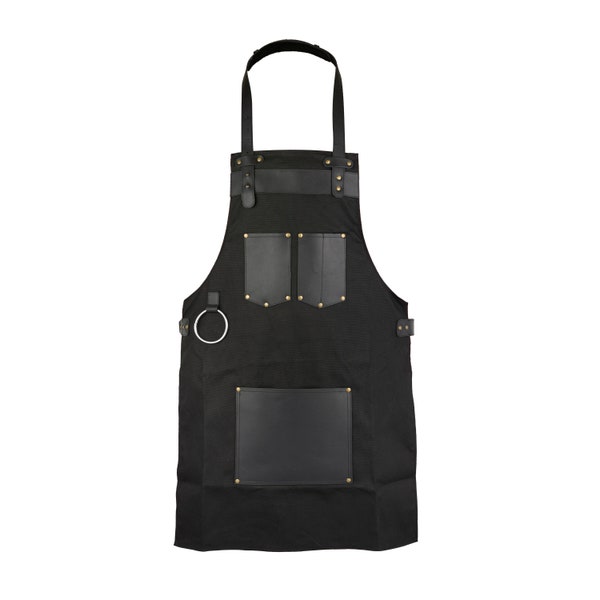 Black Canvas Apron With Black Full Grain Leather Pocket Cooking Apron Hairstylist Apron Barber Apron Woodwork apron waiter apron Gift