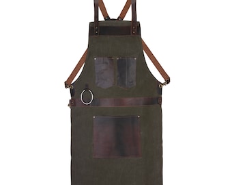 Waxed Green Canvas handmade Leather Apron Butcher Apron DIY Apron BBQ Apron Cooking Apron - Blacksmith Apron - Barber Apron - woodwork apron