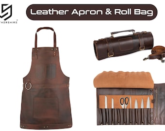 Dark Brown Full Grain Leather Apron 10 Pocket Knife Roll Butcher Apron Cook Apron BBQ Apron Blacksmith Apron Barber Apron Christmas Gift