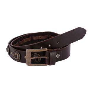 May include: A brown leather belt with a metal buckle and decorative accents. The belt has a distressed look and is made of high-quality leather.