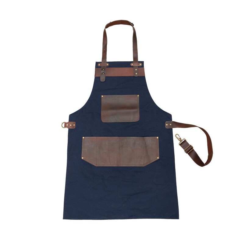 Top Grain Leather Blue Canvas Apron Butcher Apron Cook Apron BBQ Apron ...