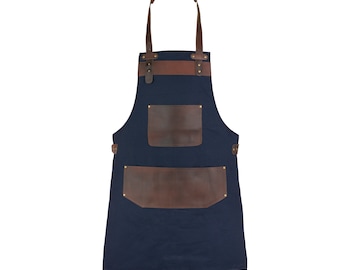 Top Grain Leather Blue Canvas Apron Butcher Apron Cook Apron BBQ Apron - Cooking Apron - Hair Stylist Apron - Woodcutting Apron - Goldsmith