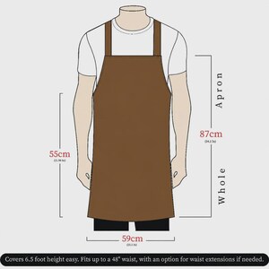 May include: A brown apron with dimensions labeled in centimeters and inches. The apron length is 87 cm (34.1 in), the body length is 55 cm (21.98 in), and the width is 59 cm (23.1 in). Text states it fits up to a 48 inch waist.