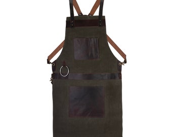 Waxed Green Canvas handmade Leather Apron Butcher Apron DIY Apron BBQ Apron Cooking Apron - Blacksmith Apron - Barber Apron - woodwork apron