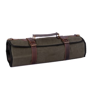 Waxed Canvas Leather Pocket 10 Pocket Handmade Chef Roll Tool Holder, Leather Roll Bag, Christmas Gift , Chef Case for Professional chef