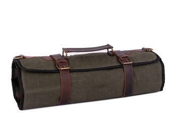 Waxed Canvas Leather Pocket 10 Pocket Handmade Chef Roll Tool Holder, Leather Roll Bag, Christmas Gift , Chef Case for Professional chef