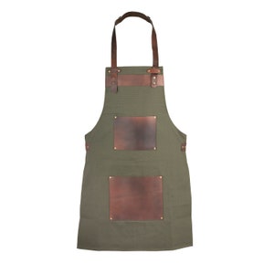 Top Grain Leather Green Canvas Apron Butcher Apron - Cook Apron - BBQ Apron - Cooking Apron - Blacksmith Apron - Woodwork Apron - Christmas