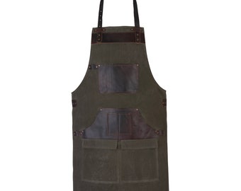 Waxed Green Canvas handmade Leather Apron Butcher Apron DIY Apron BBQ Apron Cooking Apron - Blacksmith Apron - Barber Apron - woodwork apron