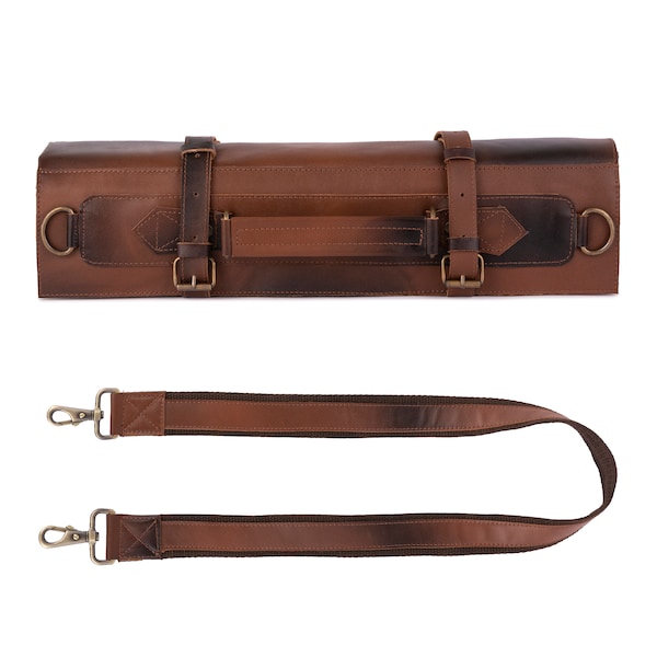 Rouleau de chef en cuir marron cognac pleine fleur fait main, porte-outil, sac en cuir, cadeau d'anniversaire de chef, étui de chef rouleau de chef, cadeau d'anniversaire