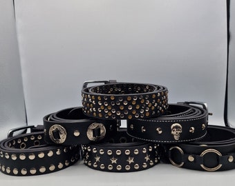 Silver Concho Pyramid Ring Handmade Leather Belt Punk Rock Fashion