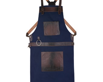 Top Grain Leather Blue Canvas Apron Butcher Apron - Cook Apron - BBQ Apron - Cooking Apron - Blacksmith Apron - Woodwork Apron - Christmas