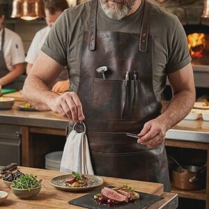 May include: A dark brown leather apron featuring adjustable shoulder straps with metal rivets, a large chest pocket containing a thermometer and two pens, and a metal ring attachment holding a white cloth towel at the waist.