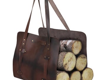 Leren brandhoutdrager, gepersonaliseerde houtdrager, leren haardaccessoire, leren buitendrager met handvatten, cadeau voor papa