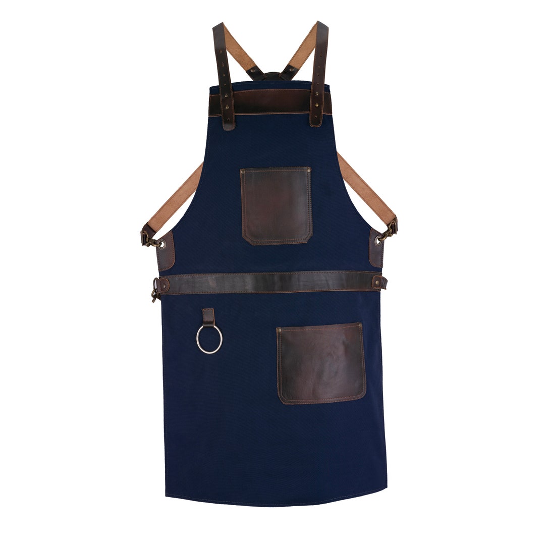 Top Grain Leather Blue Canvas Crossbody Apron Butcher Apron - Cook ...