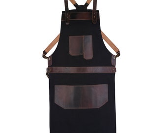 Full Grain Leather Black Canvas Apron Butcher Apron - Cook Apron - BBQ Apron - Cooking Apron - Hairstylist Apron - Bid Apron - Cheff apron