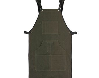 Working Apron | Waxed Canvas | Butcher Apron | Cheff Apro | Tool Pockets | Cross Back Straps Adjustable | Woodworking | Gardening Apron