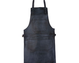 Delantal de babero de cuero de grano completo de cera negra Delantal de carnicero Delantal de chef Delantal de barbacoa Delantal de bricolaje Delantal de barbero Delantal de herrero Delantal de carpintería Regalo