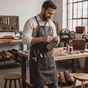 May include: A dark brown leather apron featuring adjustable shoulder straps, a large front pocket, and a metal ring attachment. The apron is worn over a white long-sleeved shirt, with various leather crafting tools and materials visible in the workshop.