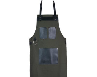 Green Canvas Apron With Black Full Grain Leather Pocket Ring Apron Hairstylist Apron Barber Apron Woodwork apron Cheff Apron Christmas Gift