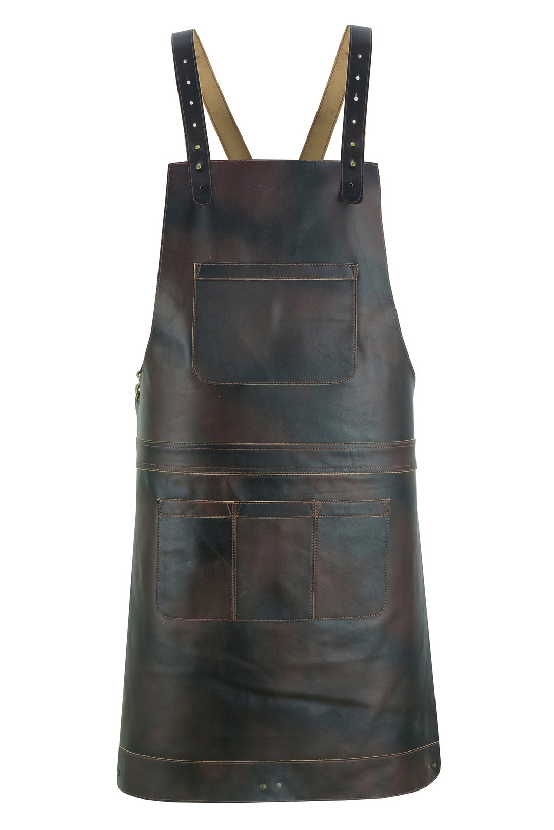 Grembiule In Pelle Vera Verde - Grembiule Chef Macellaio Barbecue Con Tasche